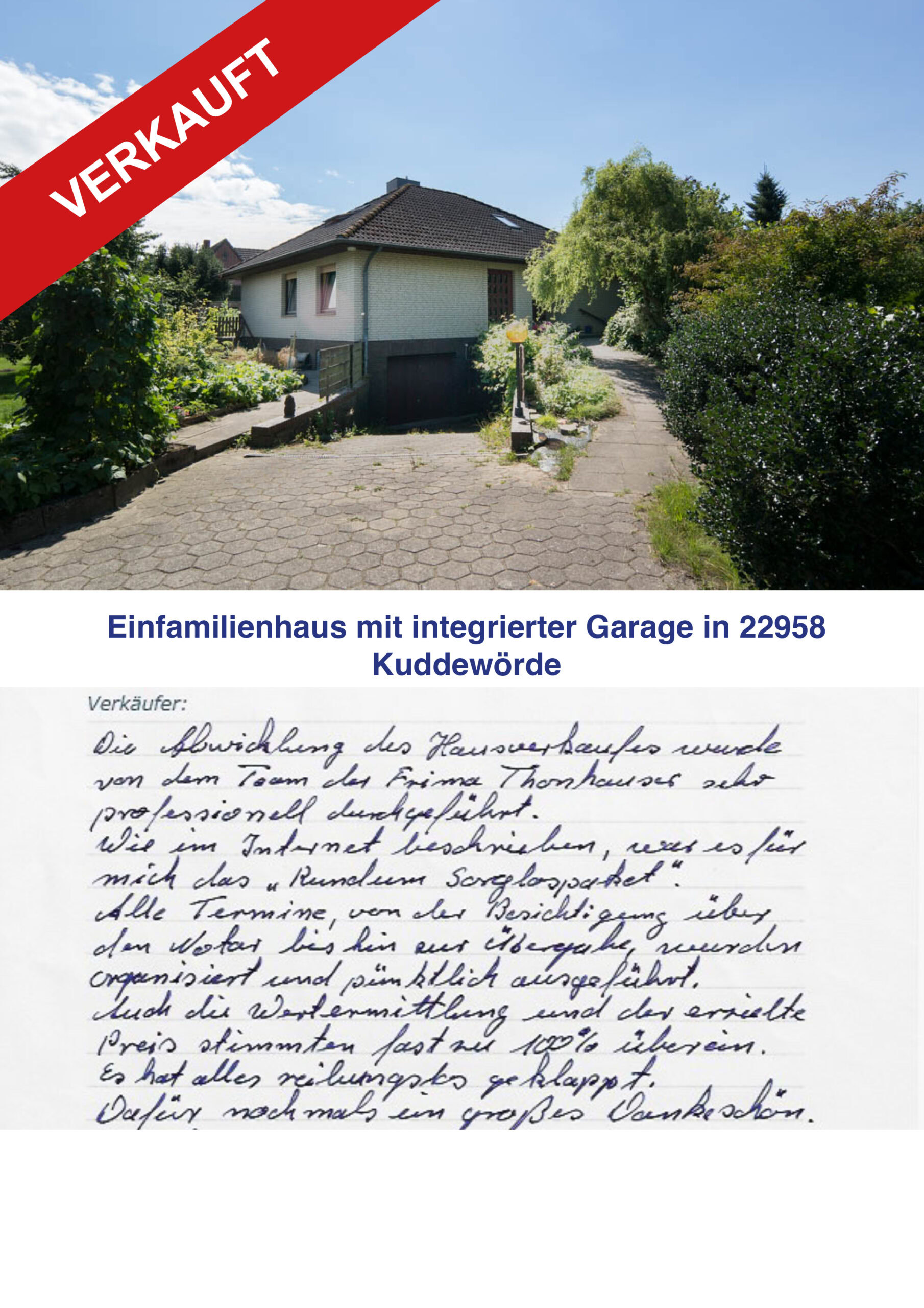 Einfamilienhaus mit integrierter Garage in Kuddewörde, verkauft.