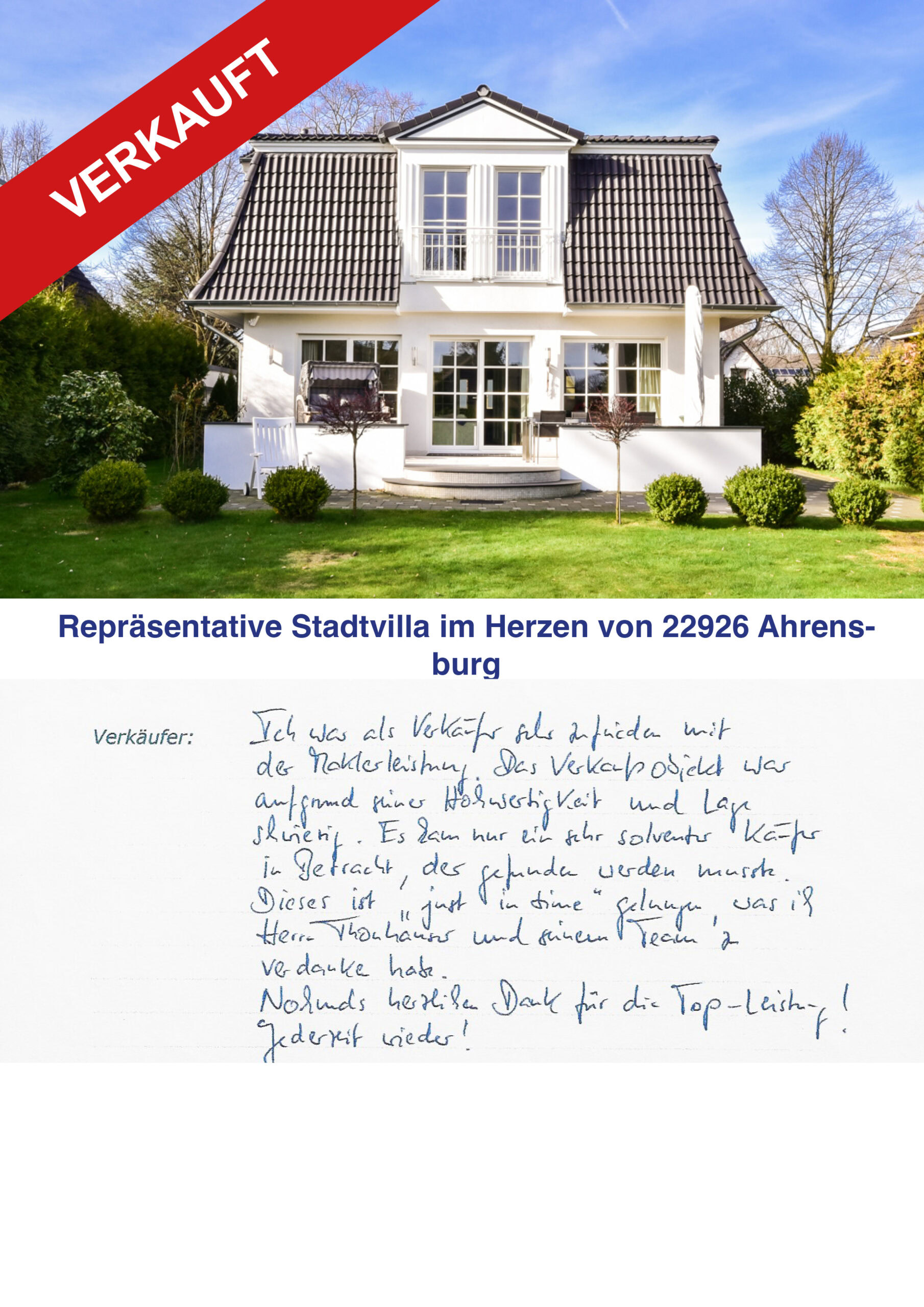 Attraktive Stadtvilla im Herzen von 22926 Ahrensburg, verkauft.