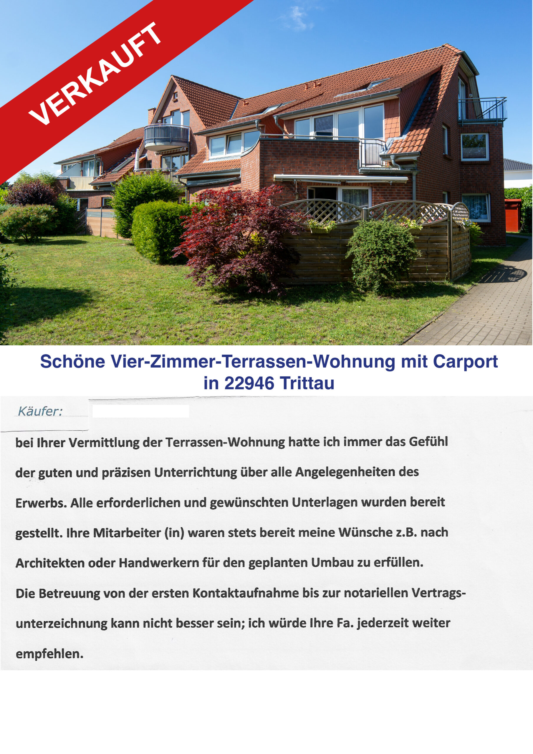 Geräumige Vier-Zimmer-Terrassen-Wohnung mit Carport in Trittau.