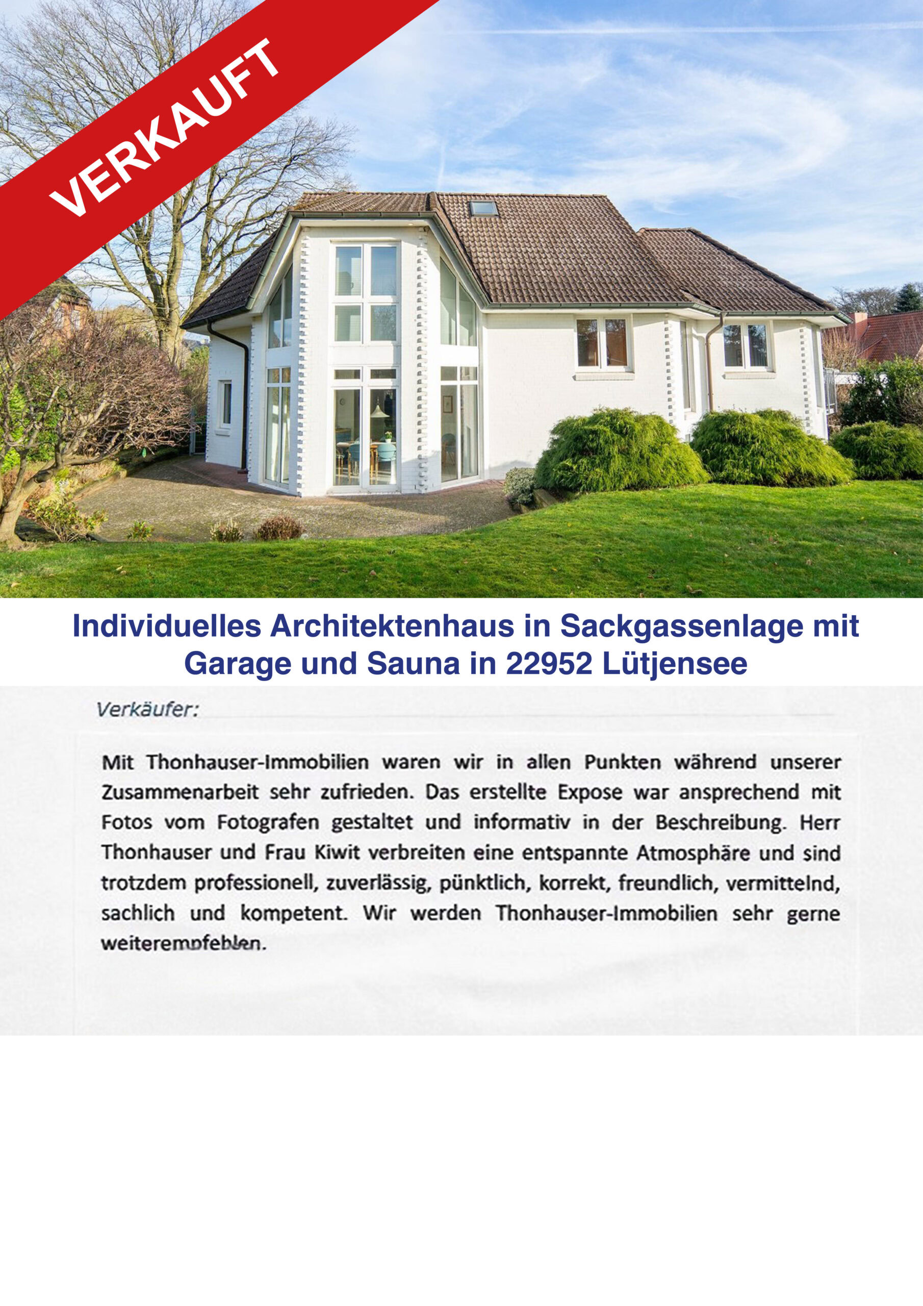 Modernes Architektenhaus in Lütjensee mit Garage und Sauna, verkauft.