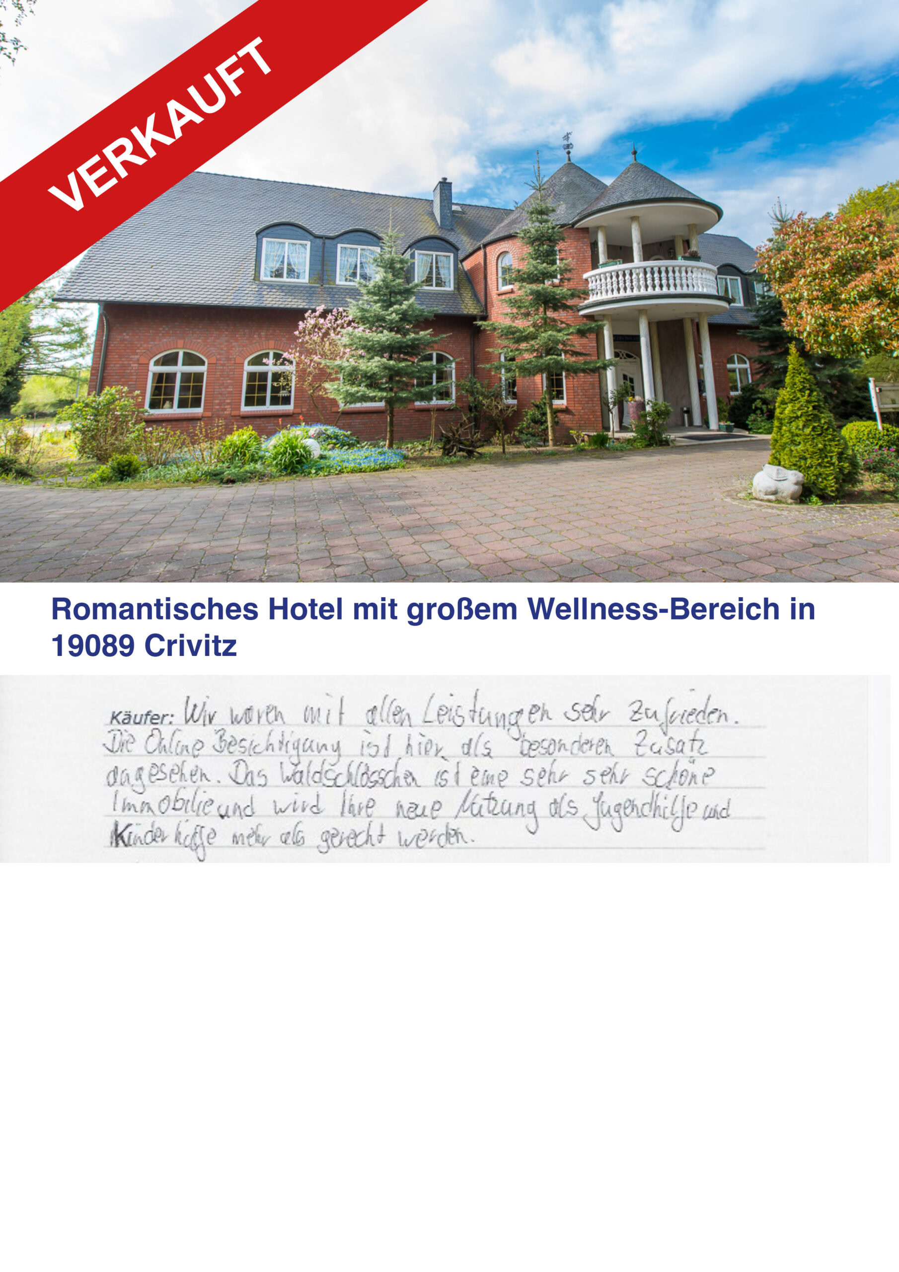 Romantisches Hotel mit Wellness-Bereich in Crivitz, verkauft, große Villa, schön.
